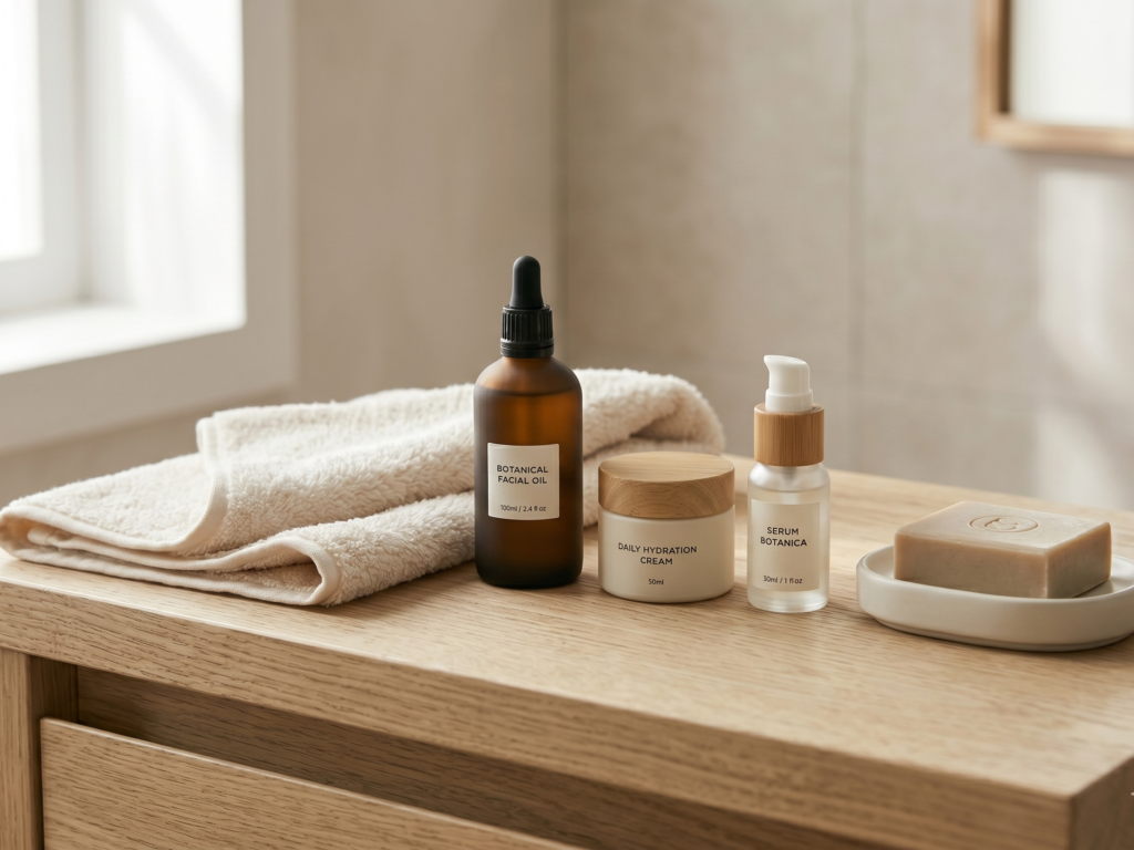Foto estática de uma bancada de banheiro organizada e minimalista, com apenas 4 produtos de design clean e uma toalha de rosto dobrada. Transmite ordem, calma e luxo silencioso. Luz natural vindo da janela do banheiro.