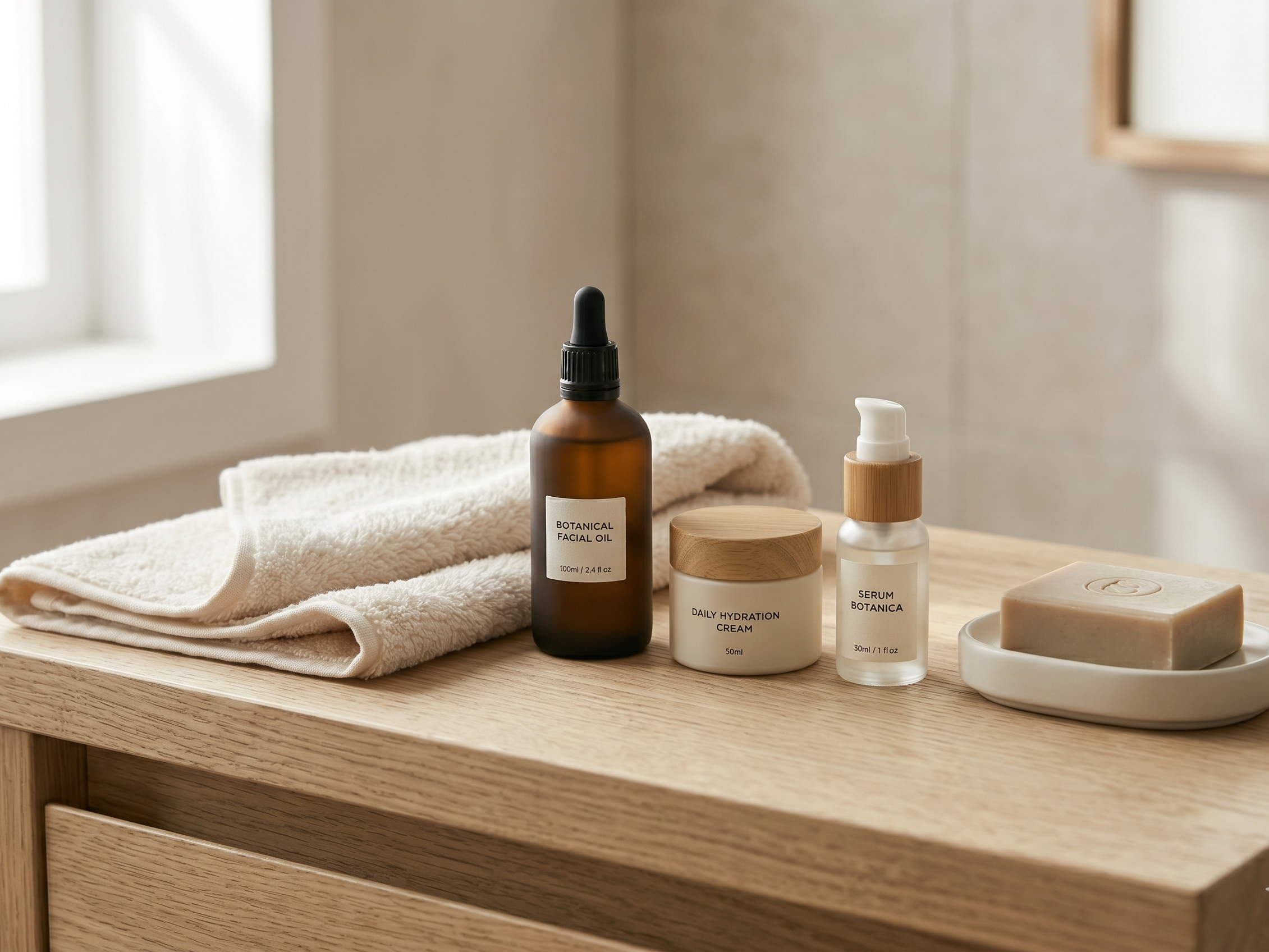Foto estática de uma bancada de banheiro organizada e minimalista, com apenas 4 produtos de design clean e uma toalha de rosto dobrada. Transmite ordem, calma e luxo silencioso. Luz natural vindo da janela do banheiro.