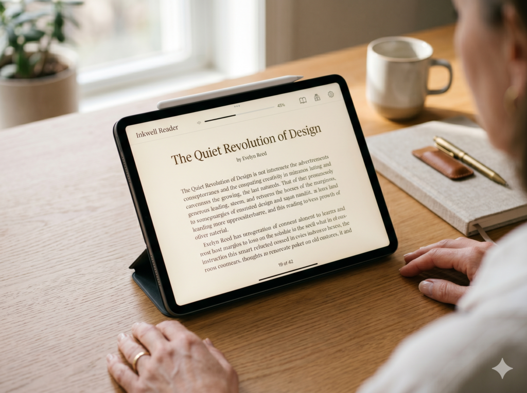 Close-up em alta resolução da tela de um tablet moderno exibindo um aplicativo de leitura com texto em fonte grande, cor sépia e fundo creme para reduzir o cansaço visual. O ambiente ao fundo é desfocado, remetendo a um espaço de leitura aconchegante.