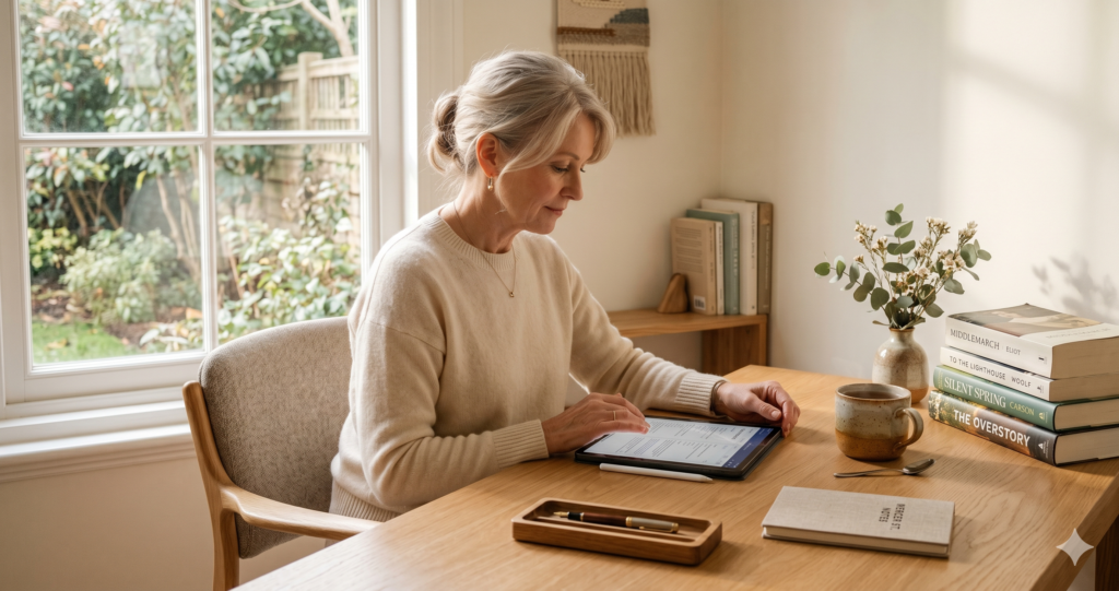 A serene, organized study nook for a woman over 50, modern tablet on a clean wooden desk, soft morning sunlight hitting a stack of classic books and a ceramic mug, warm minimalism, high-end photography, serene atmosphere.