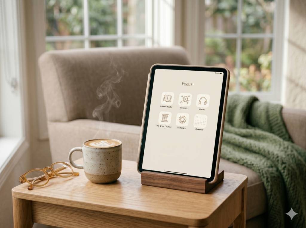 Canto de leitura relaxante com um tablet apoiado em um suporte de madeira sobre uma mesa lateral. Ao lado, uma xícara de café fumegante e uma manta de tricô verde sálvia sobre uma poltrona, próximo a uma janela com luz natural abundante.