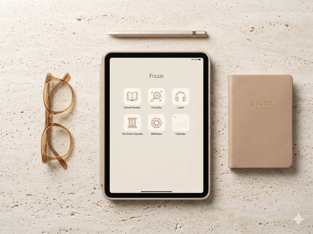 Foto vista de cima (flatlay) de uma mesa organizada com um tablet no centro, exibindo uma tela inicial minimalista com poucos ícones essenciais de estudo e leitura. Ao redor do tablet, há óculos de leitura, uma caneta stylus e um caderno de couro, sobre uma superfície de pedra clara.